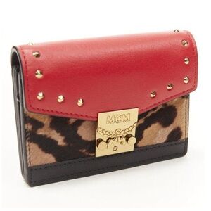 MCM red leopard gold studded flap cardholder micro crossbody chain bag